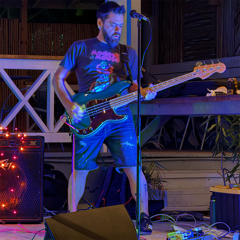 Heat Seekers bassist Bryan playing Fender bass at Hull Bay Hideaway St Thomas