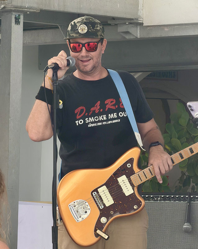 Heat Seekers guitarist Steve singing and playing Jazzmaster at Sapphire Beach Bar St Thomas